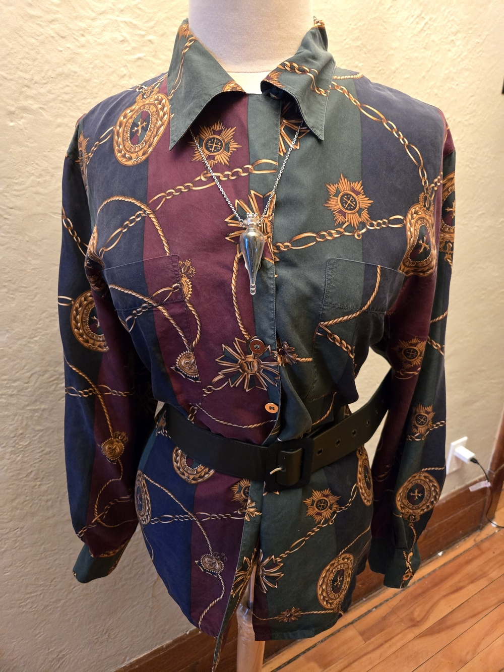 Vintage 100% Silk Button Up Shirt Equestrian Chain Print Ralph Lauren Style - Picture 6 of 10